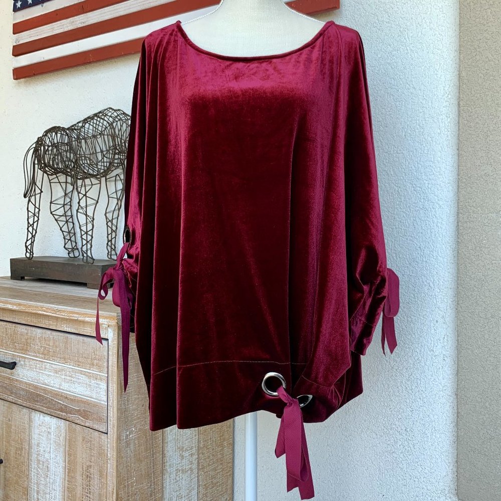 ELVI Burgundy Red Wine Velvet Ribbon Grommet Fall Winter Christmas Top S…
